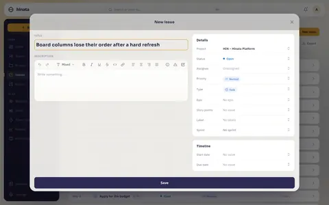The New issue dialog