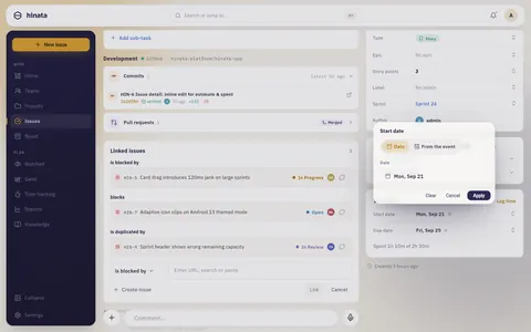 The date picker opened from an issue's Timeline card