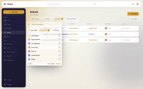 The Filter popover with the Assignee facet open
