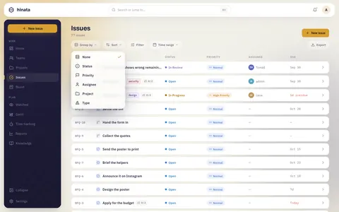 The Group by menu open above the issue list
