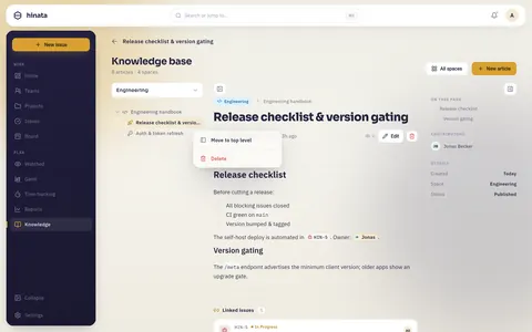 The row menu of a page in the knowledge tree