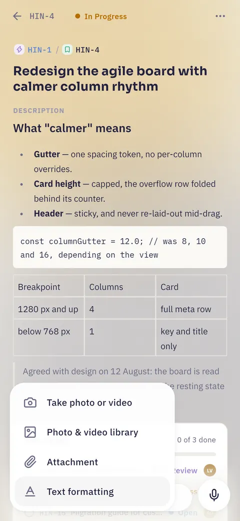 The composer's plus menu open on a phone