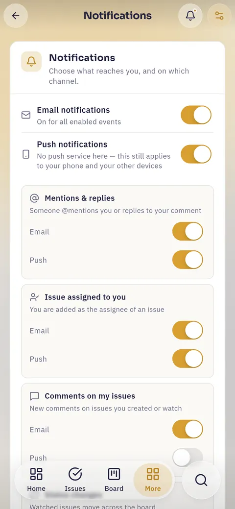The same notification settings on a phone, one card per event