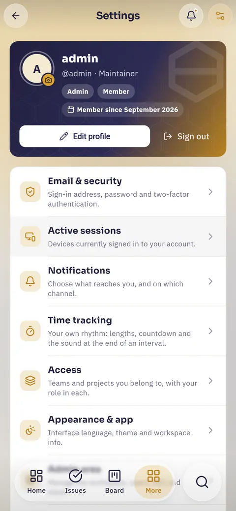 Settings on a phone as a list of sections