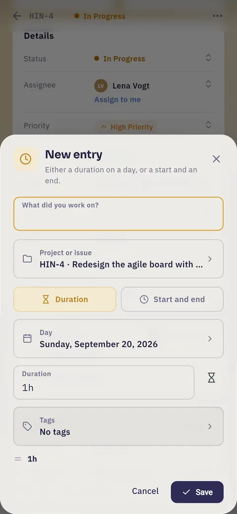 The Log time sheet on a phone