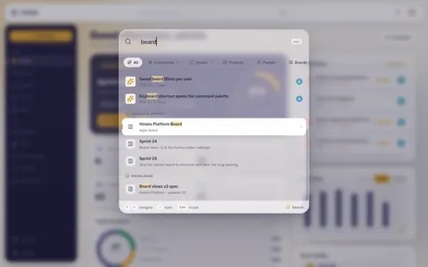 The command palette open over the dashboard, showing grouped results for the query "board"
