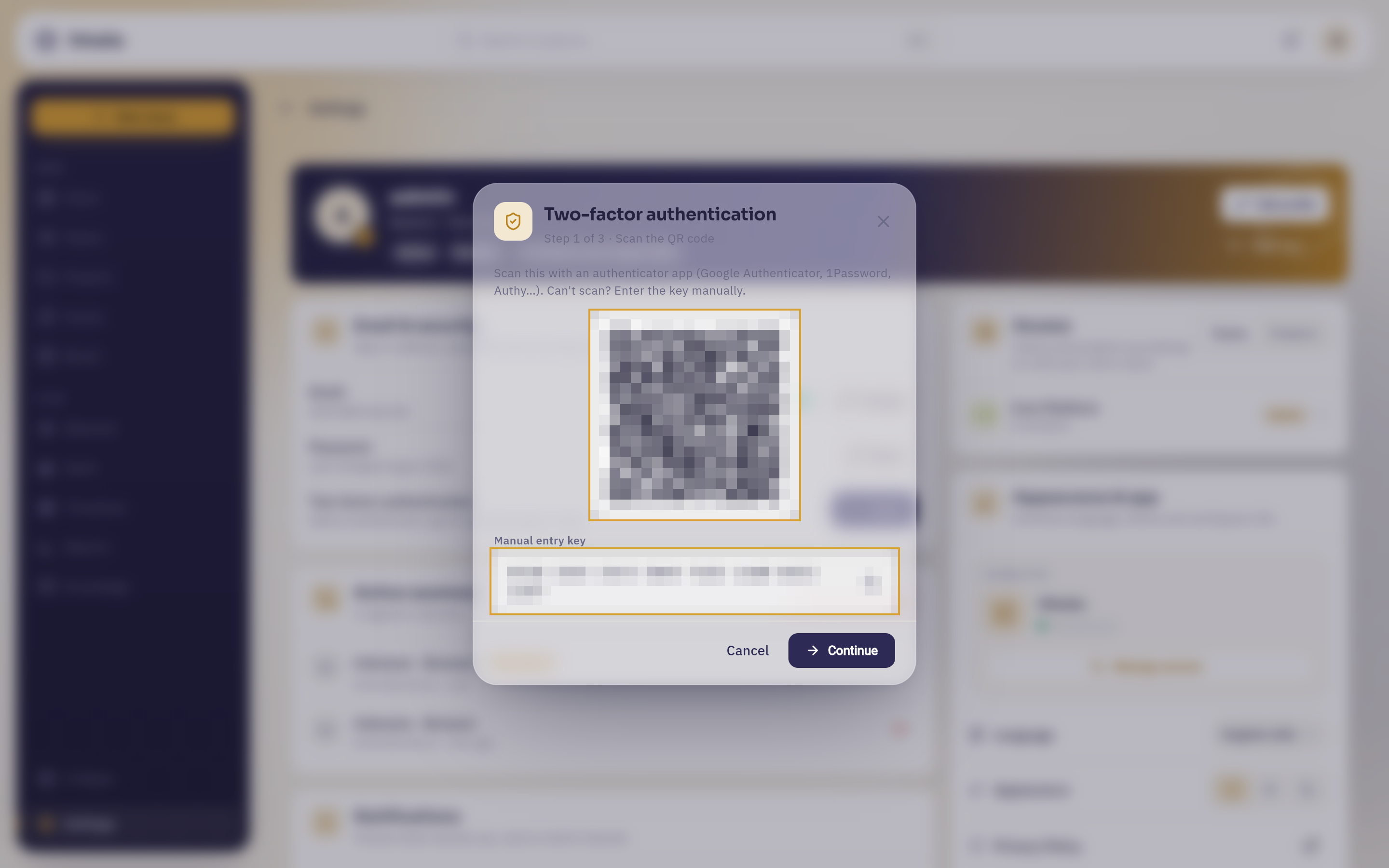 Step 1 of the two-factor wizard, with the QR code and the manual entry key