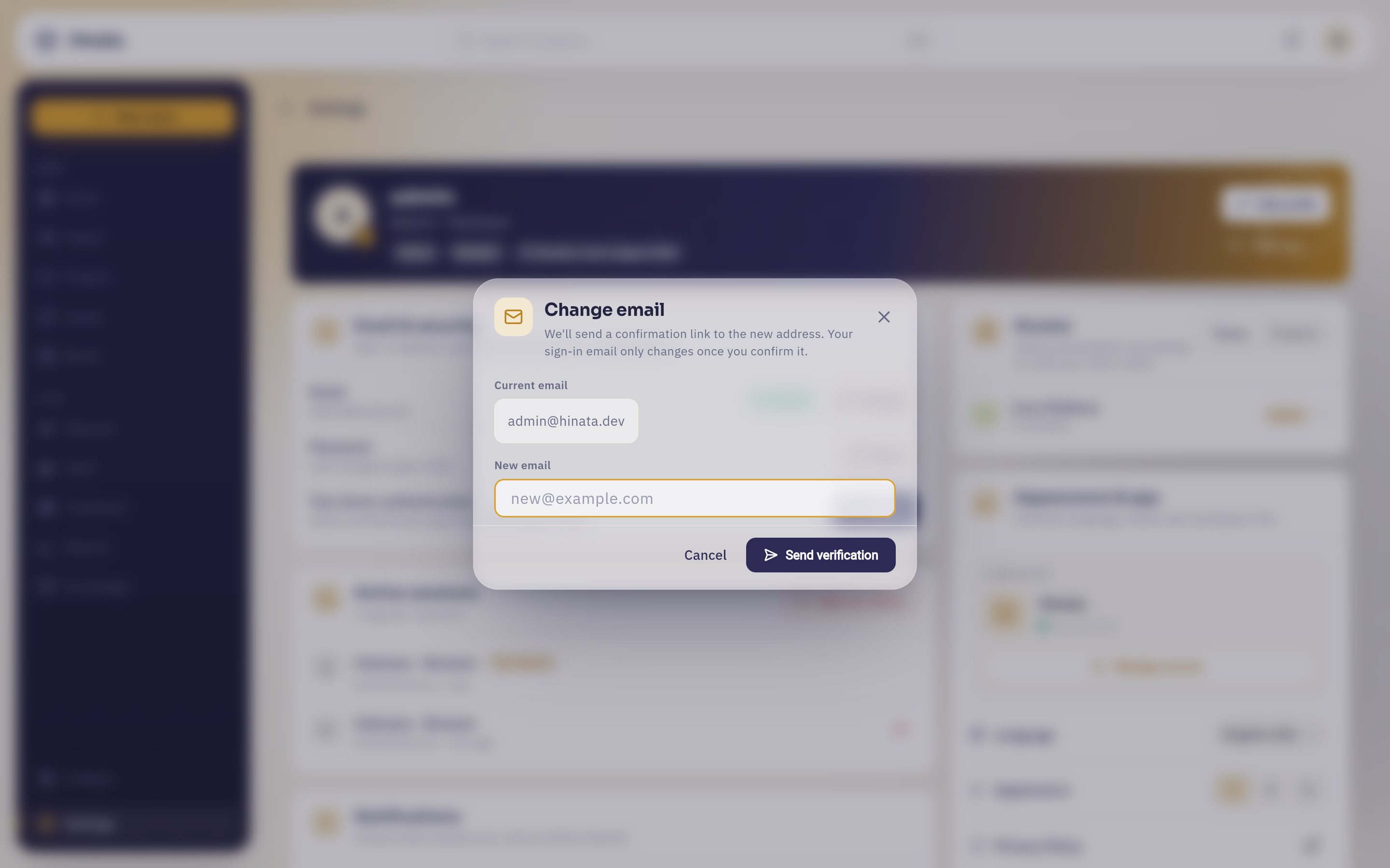 The Change email dialog, with the current address read-only above the new one