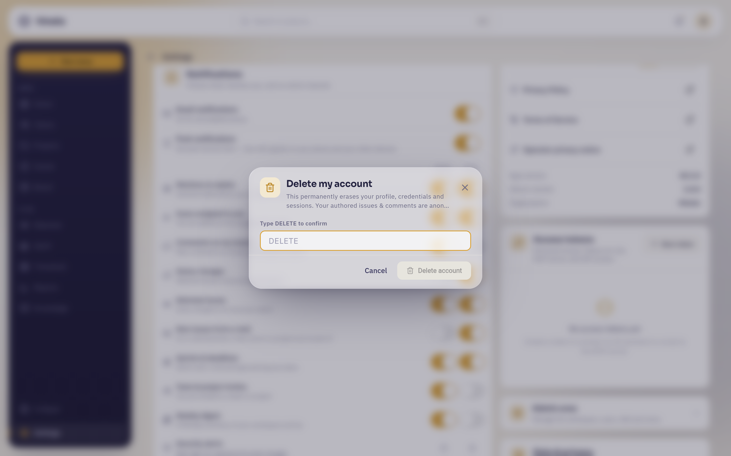 The delete-account dialog with an empty confirmation field and a disabled button