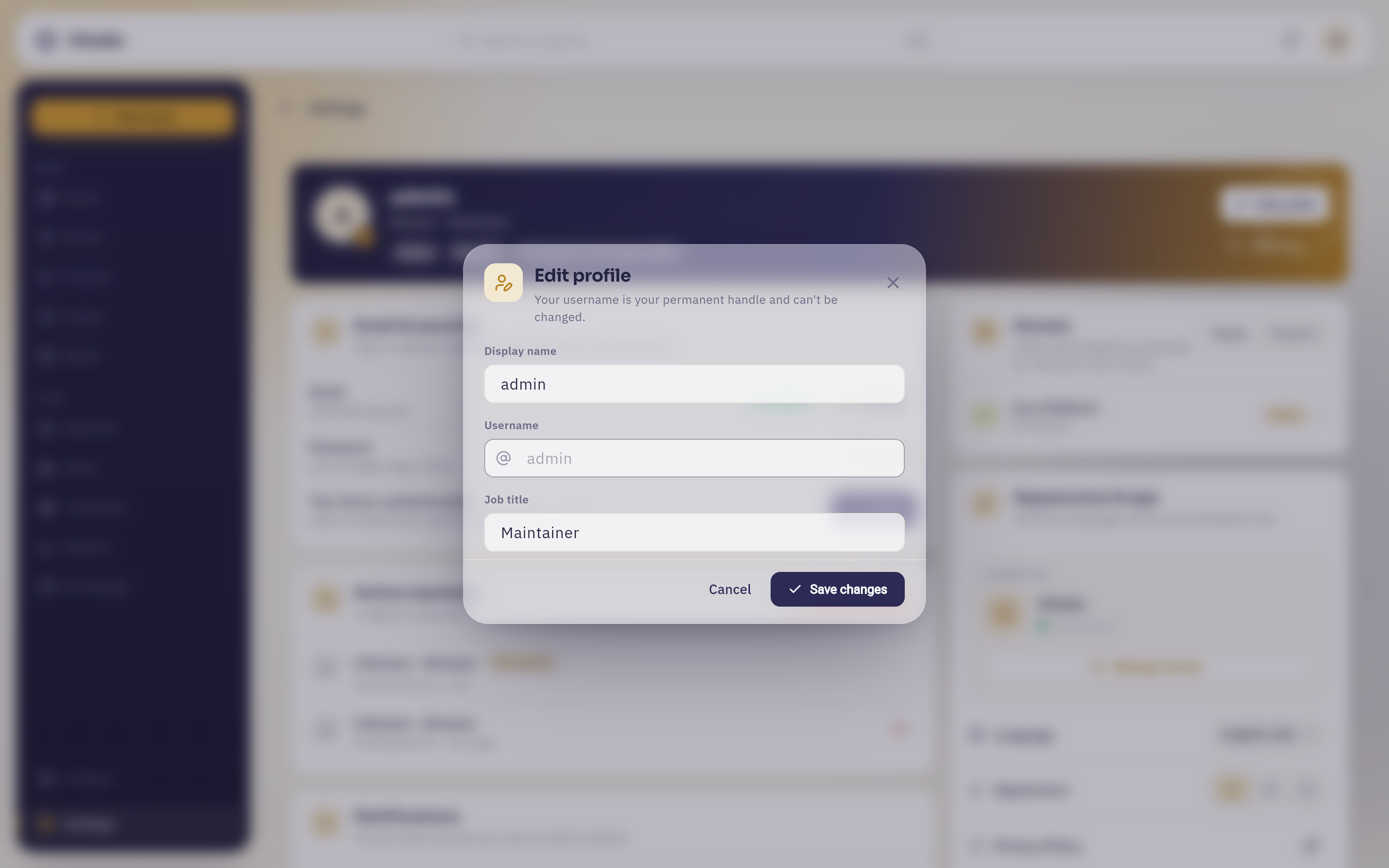 The Edit profile dialog with the username field greyed out