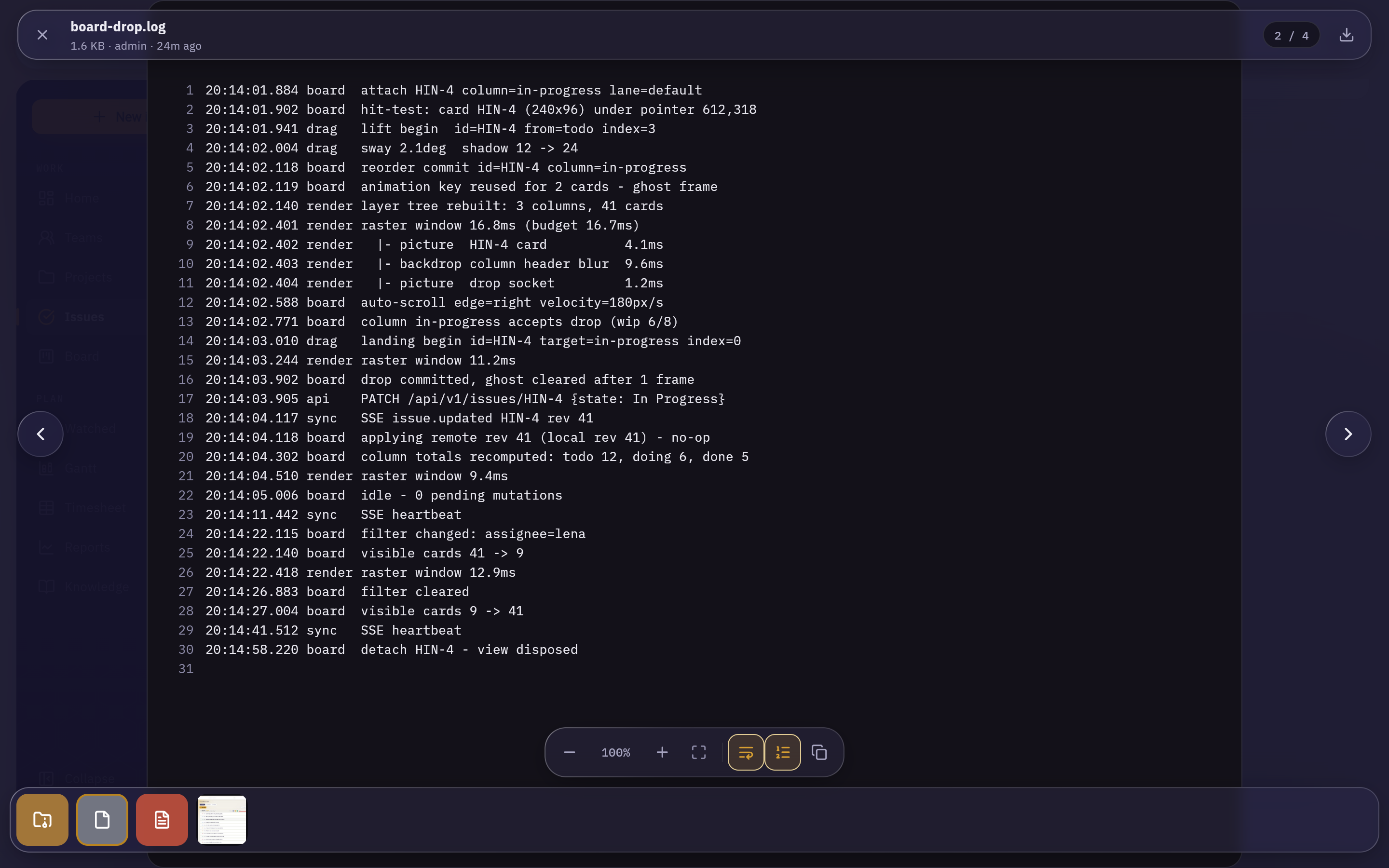 A log file open in the full-screen attachment viewer