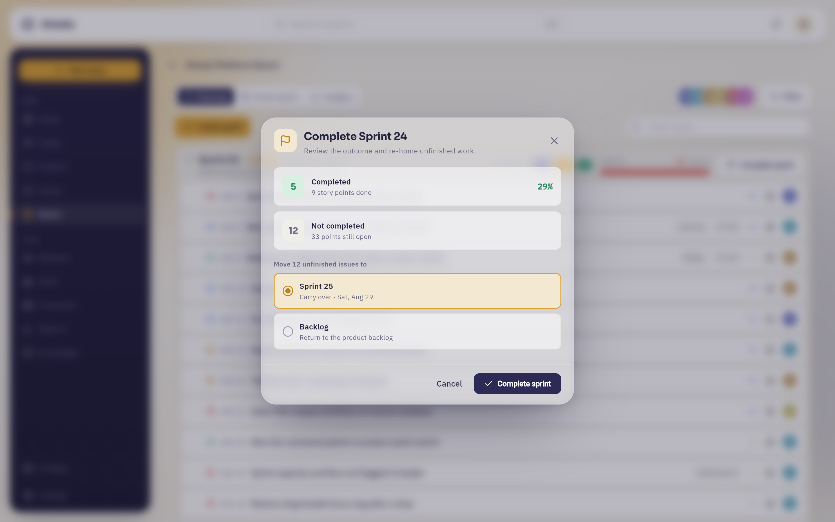 The Complete sprint dialog