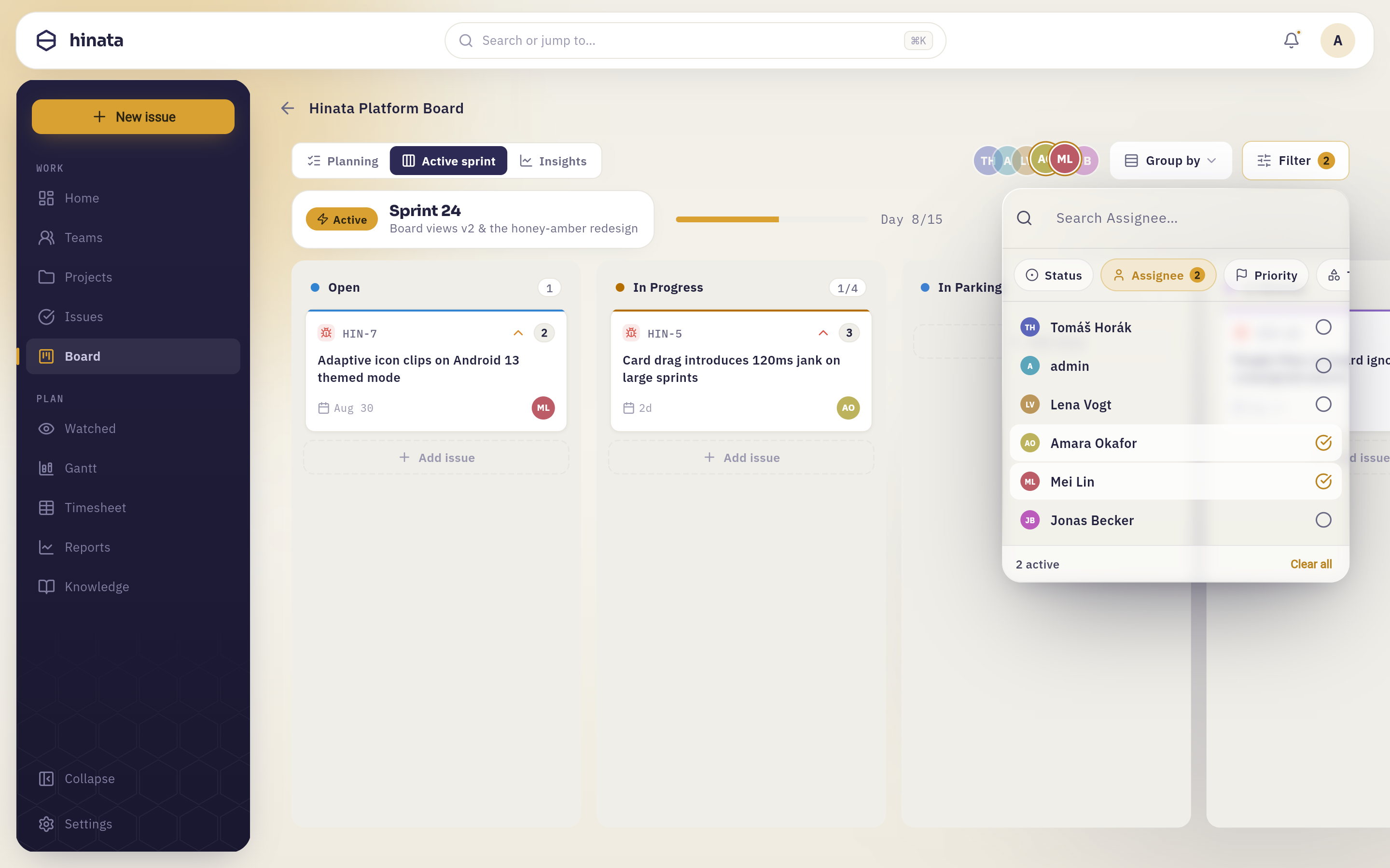 The board filter popup, with two people picked under the Assignee facet