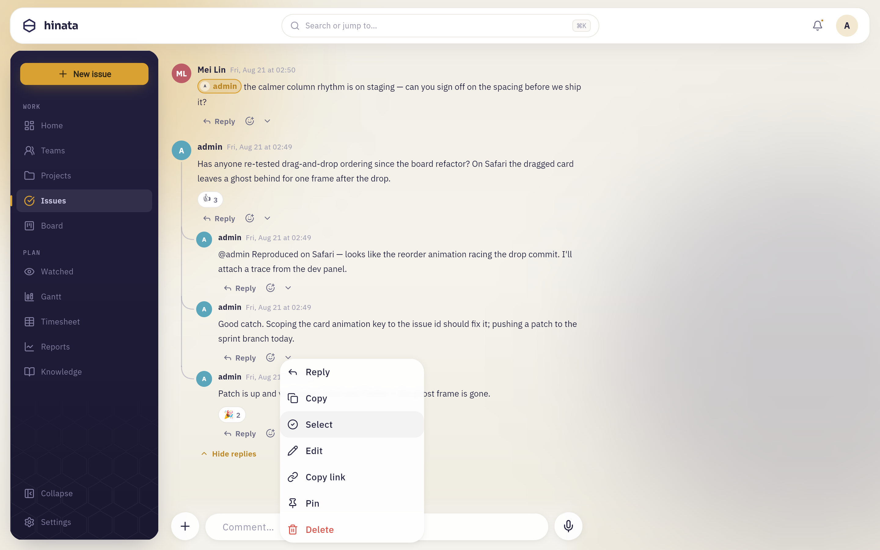 The comment menu open under a comment in the thread
