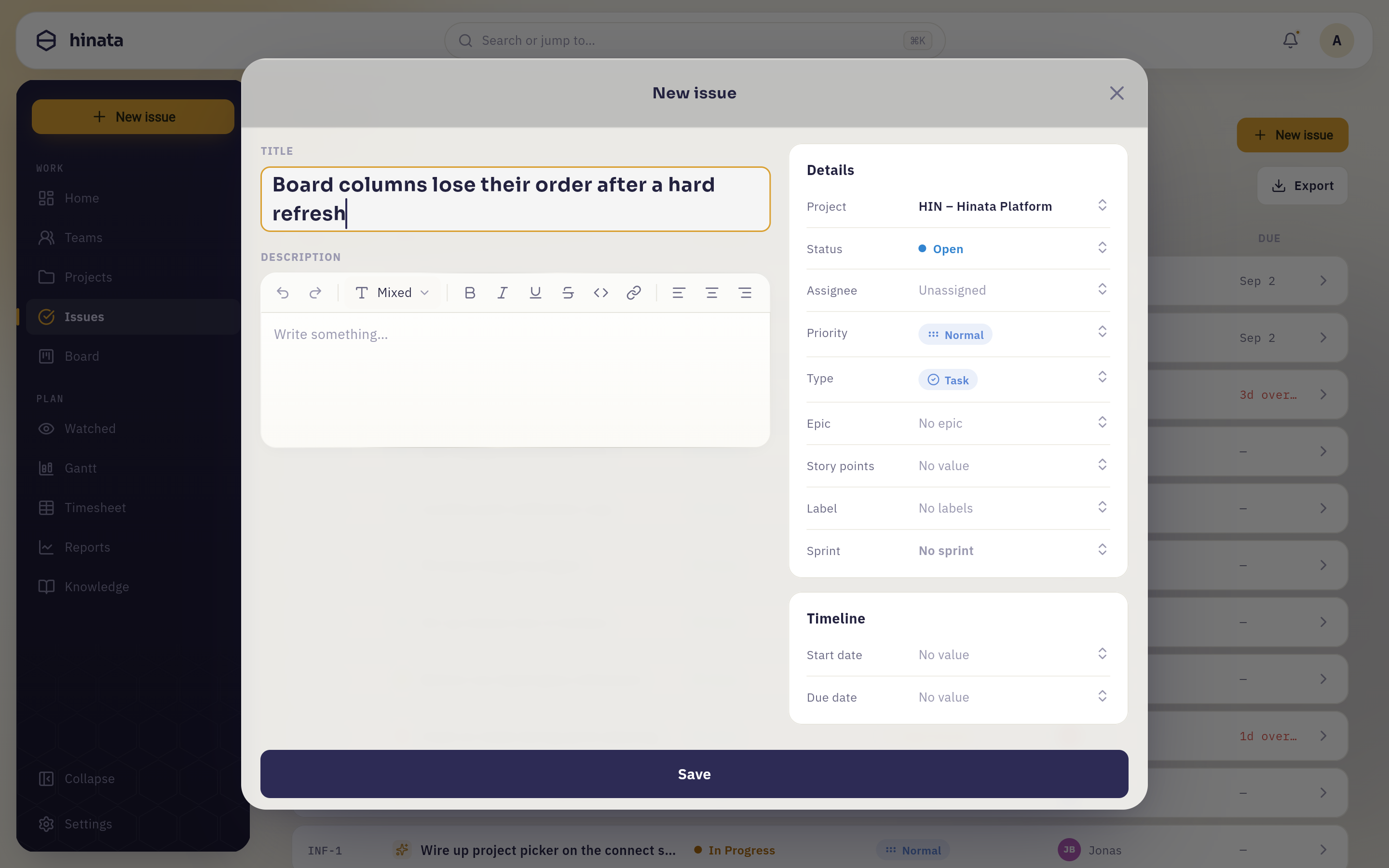 The New issue dialog