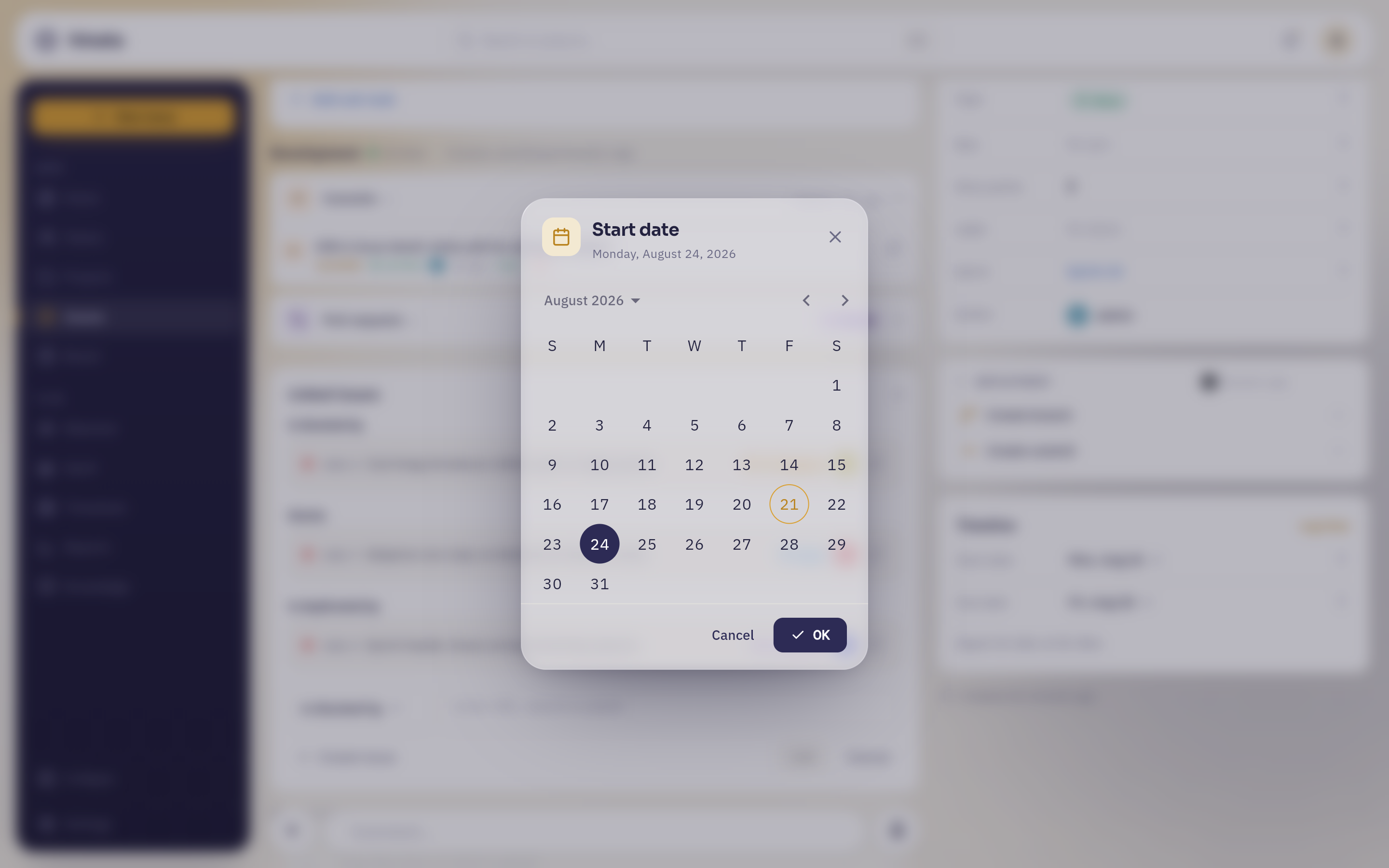 The date picker opened from an issue's Timeline card