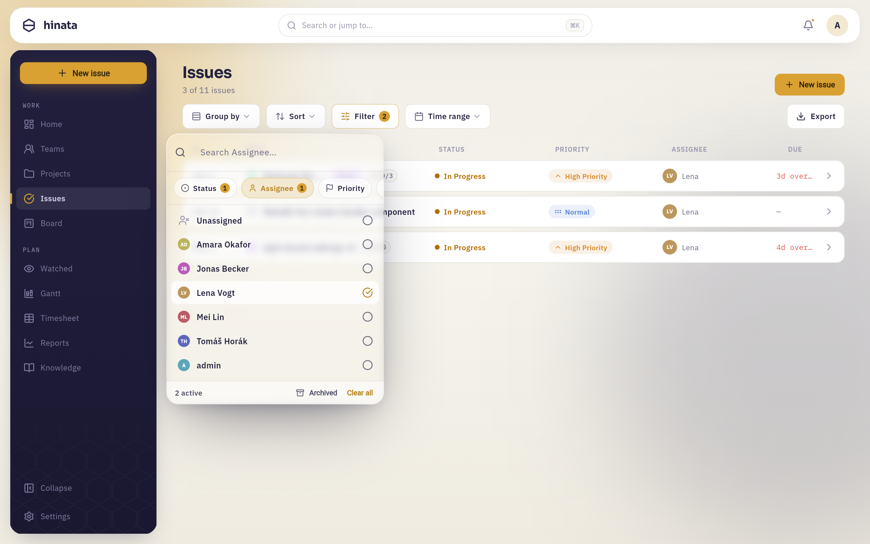 The Filter popover with the Assignee facet open
