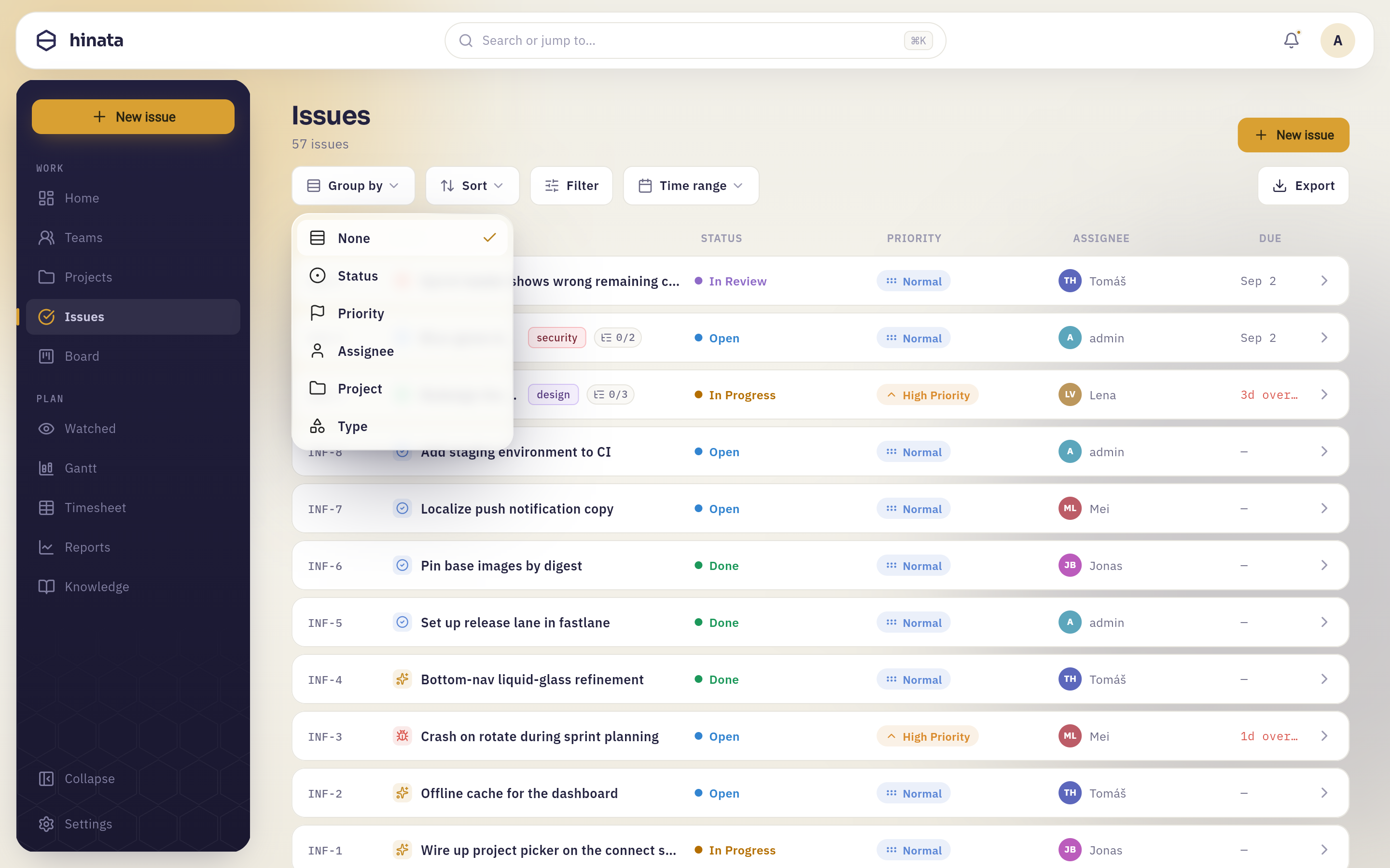 The Group by menu open above the issue list