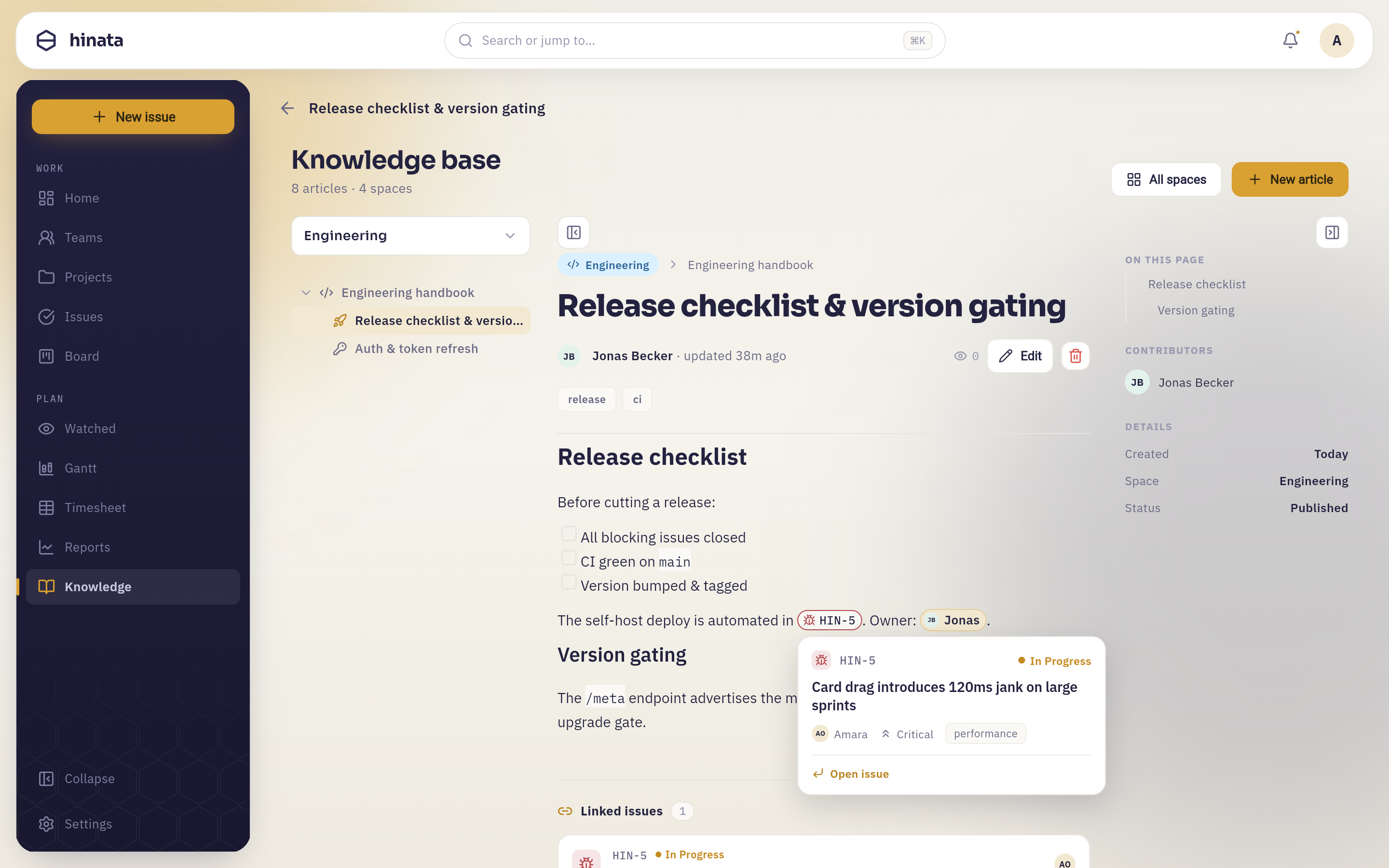 An issue chip in an article body with its hover preview open