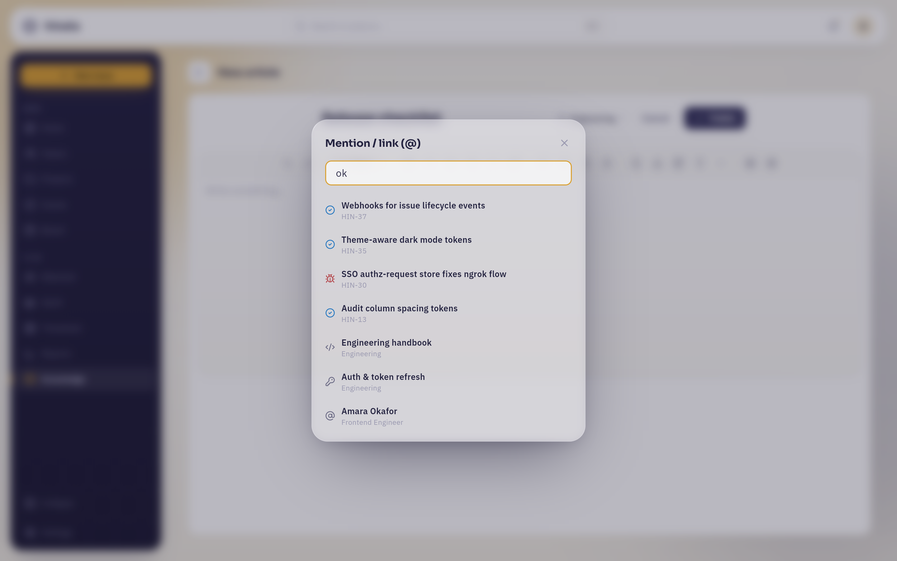 The Mention / link picker open over the article editor