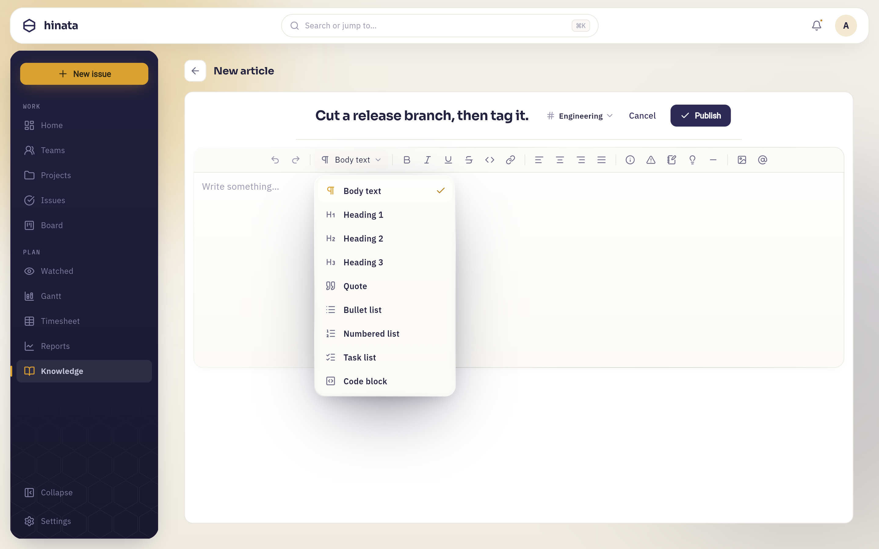 The Text style dropdown open over the article editor