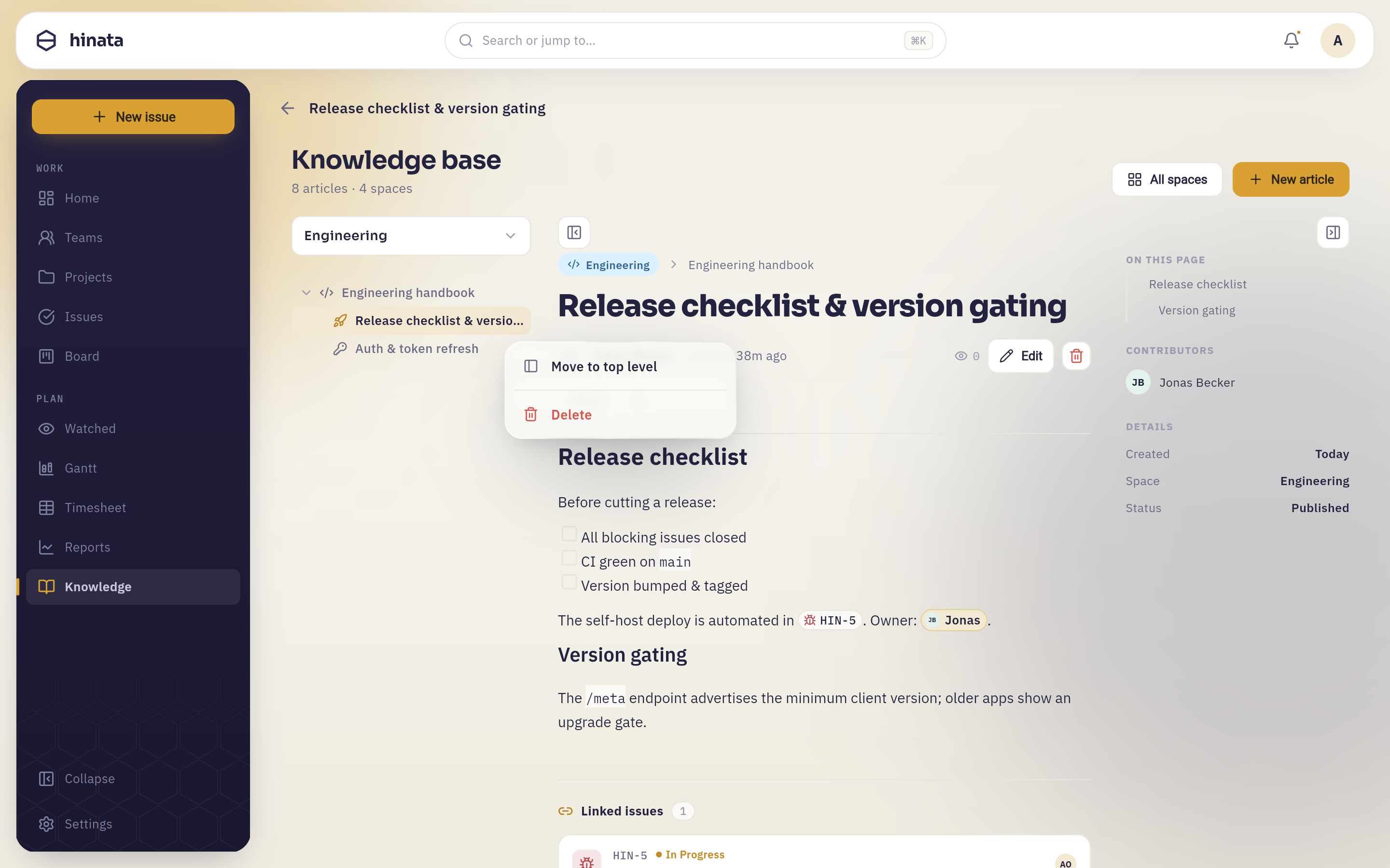 The row menu of a page in the knowledge tree