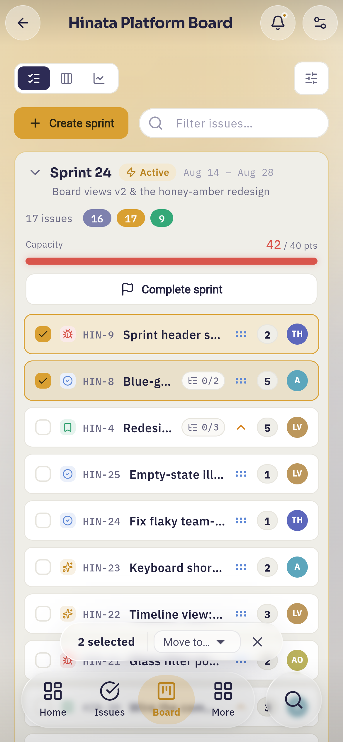 Two backlog rows selected on a phone, with the bulk bar docked above the tab pill