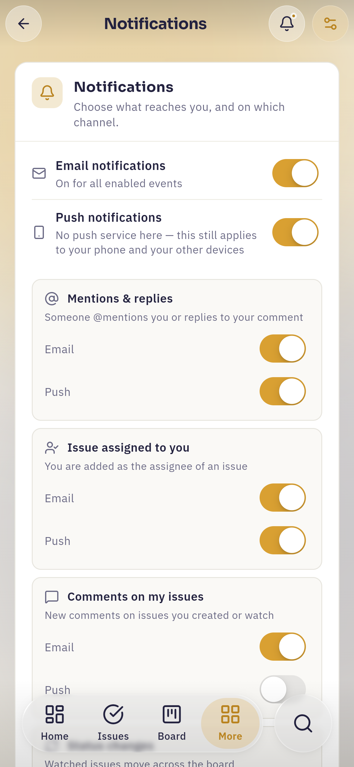 The same notification settings on a phone, one card per event