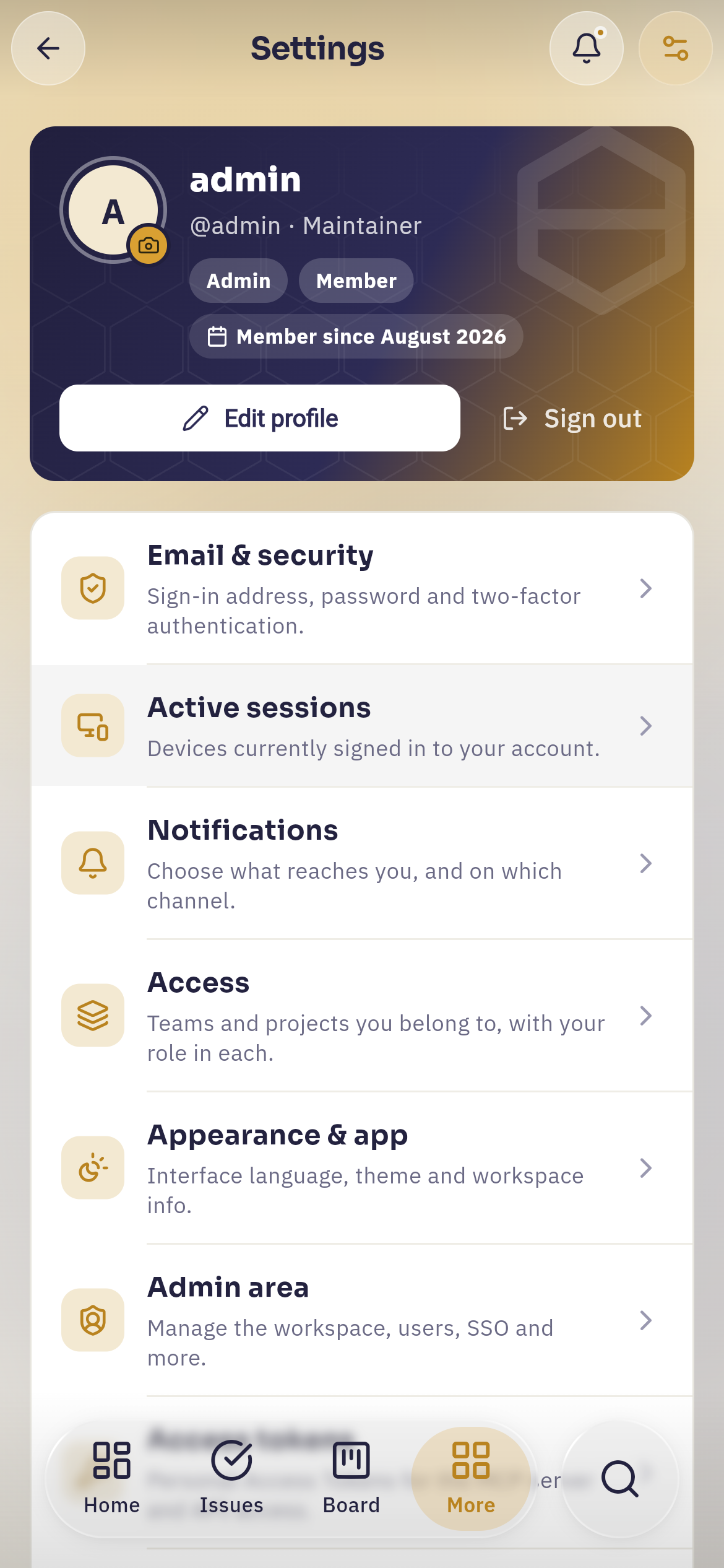 Settings on a phone: the profile hero above a list of section rows