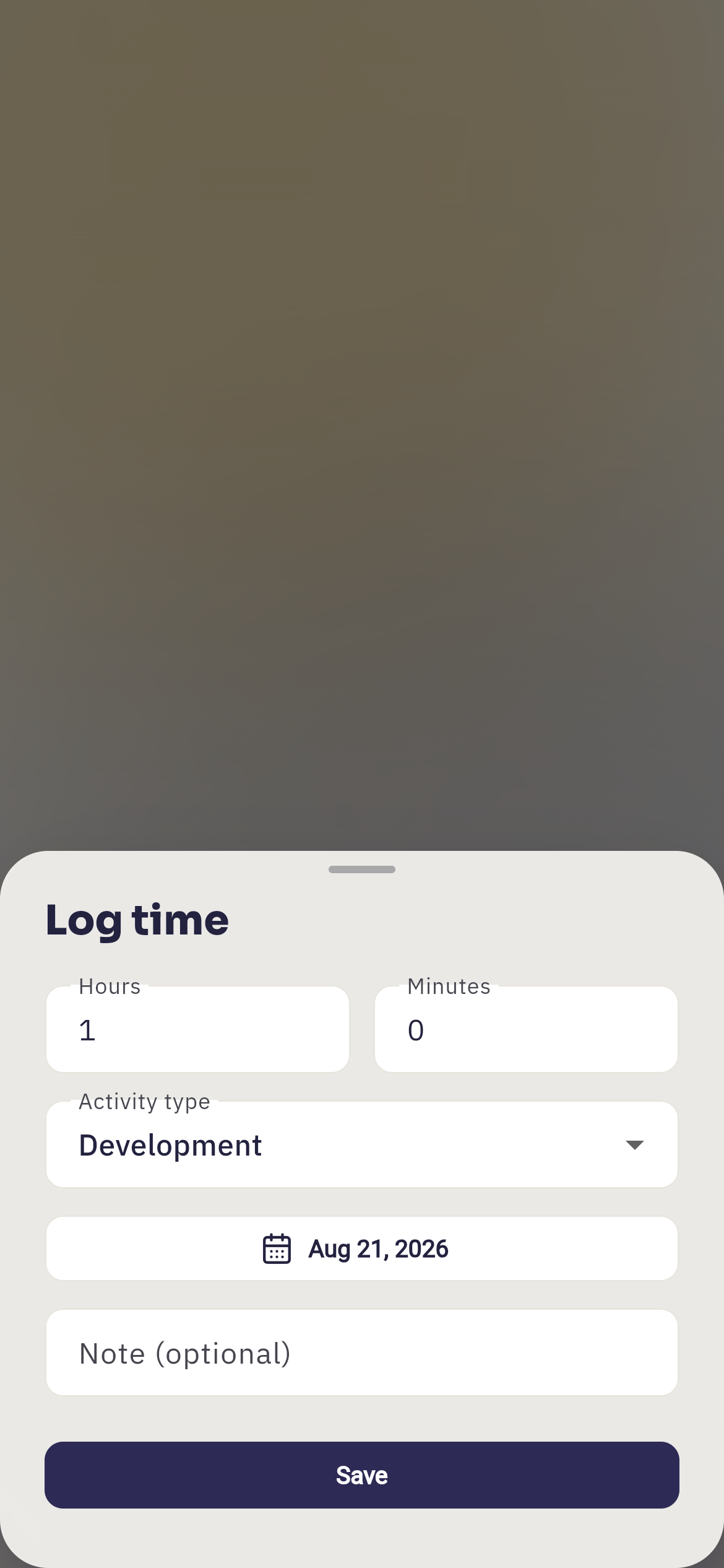 The Log time sheet on a phone