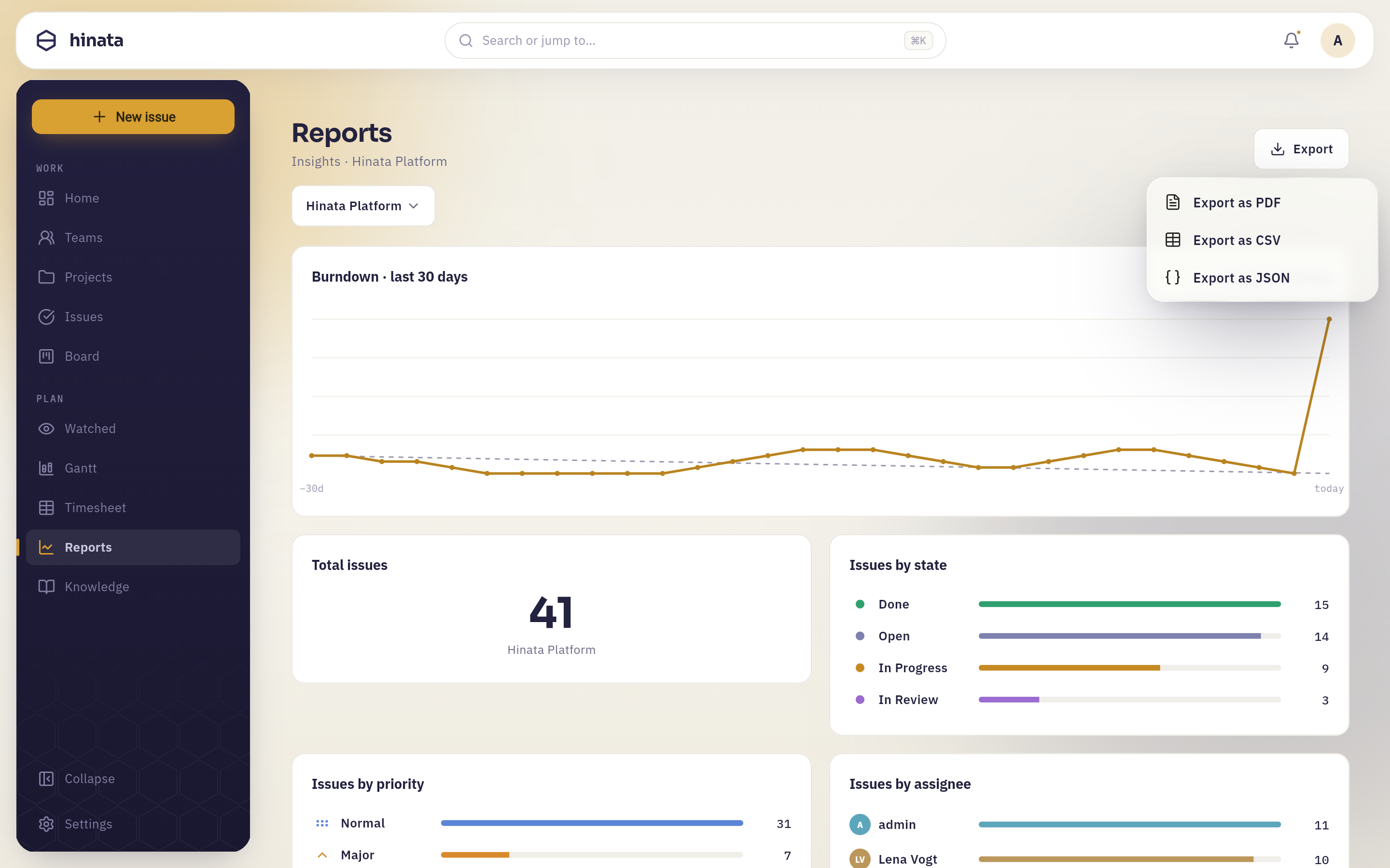 The export menu open in the top-right of the reports page