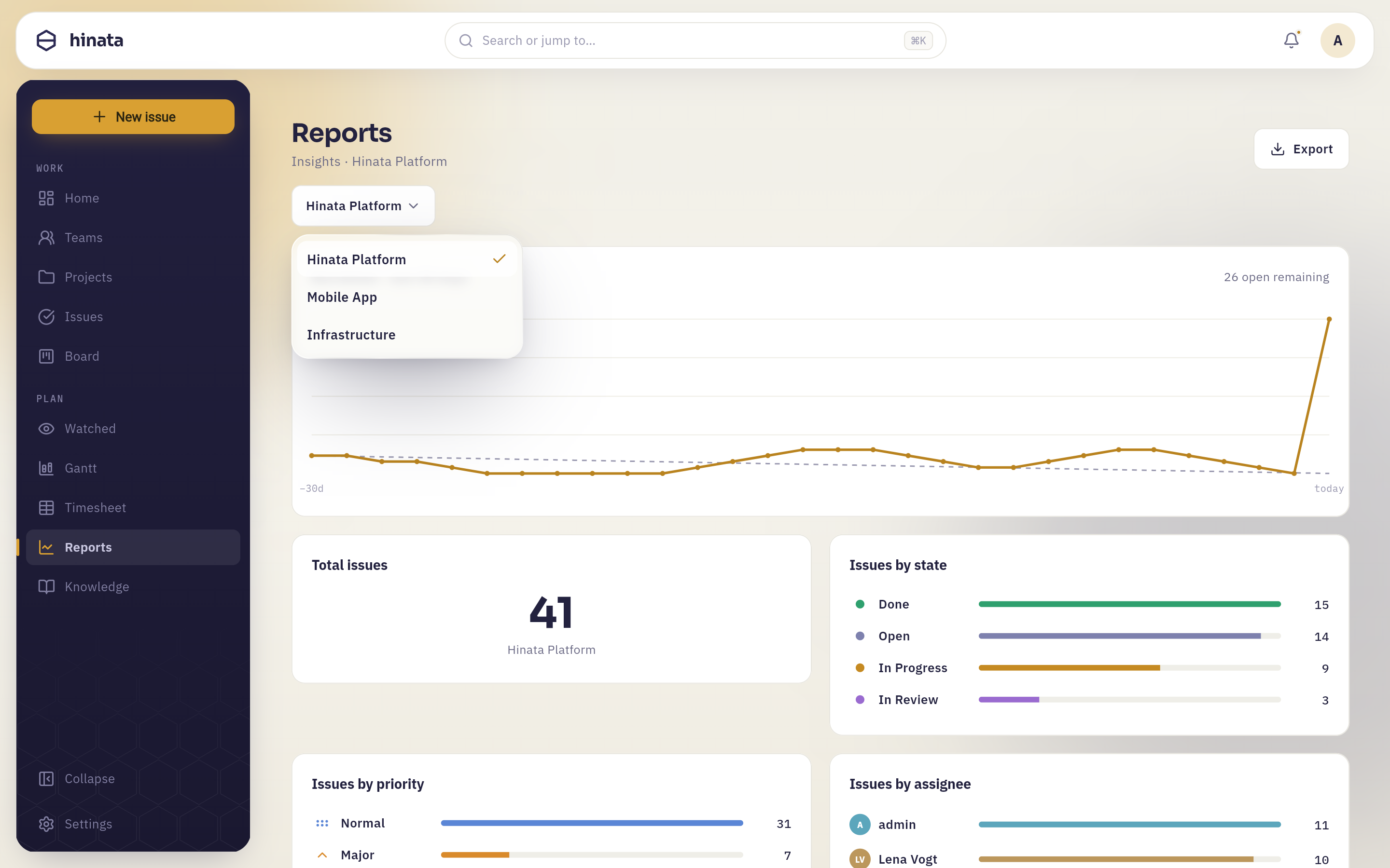 The project picker open on the reports page, listing three projects