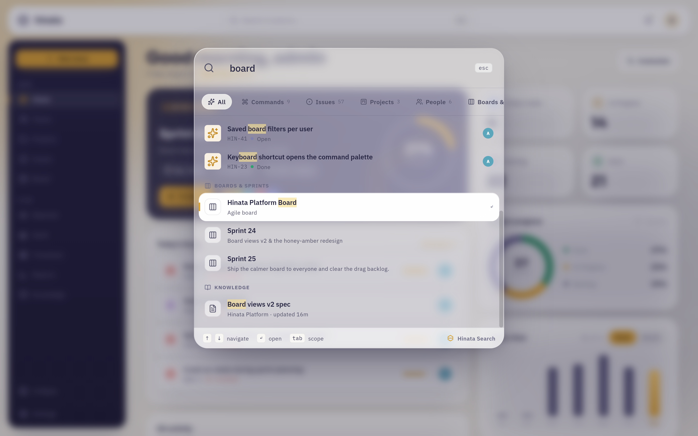 The command palette open over the dashboard, showing grouped results for the query "board"