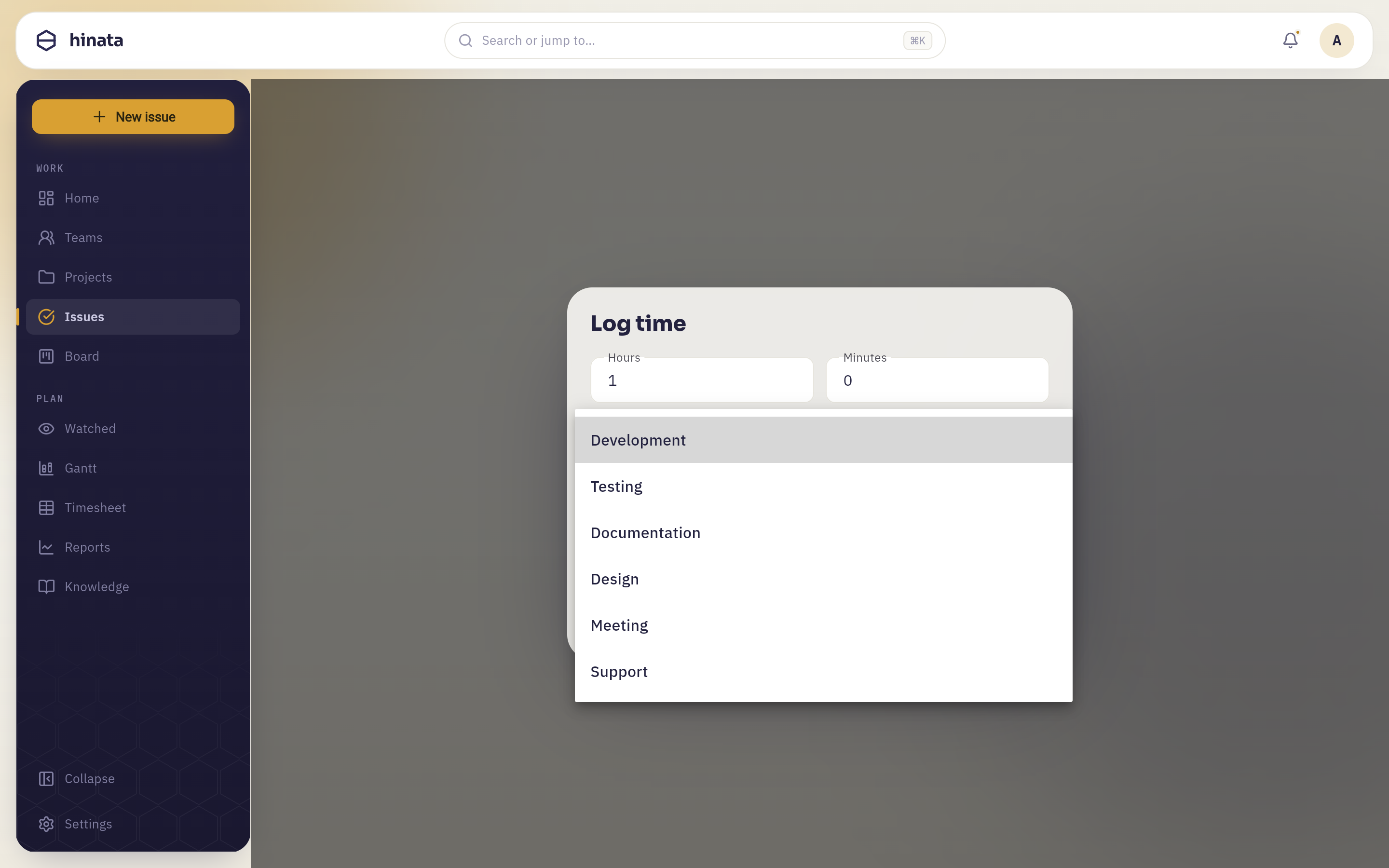 The Activity type menu