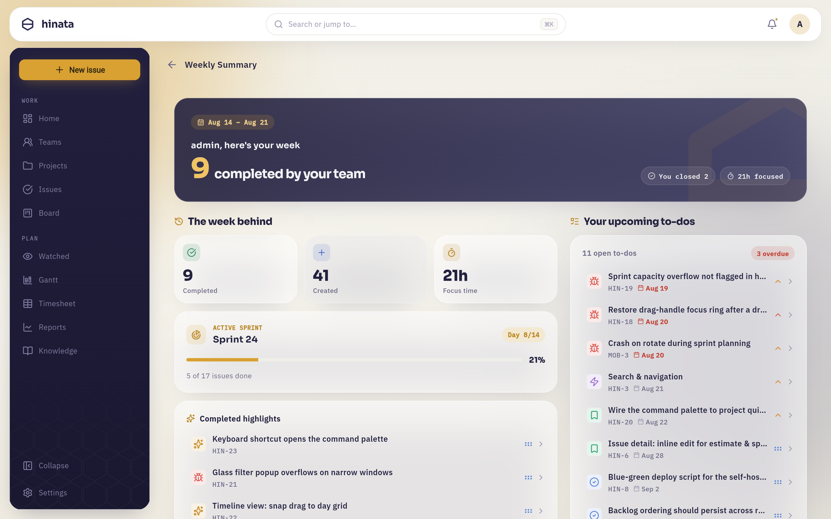 The weekly summary page